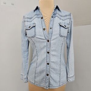Fei Anthropologie Chambray Snap Denim Shirt Light Wash Utility Western Country